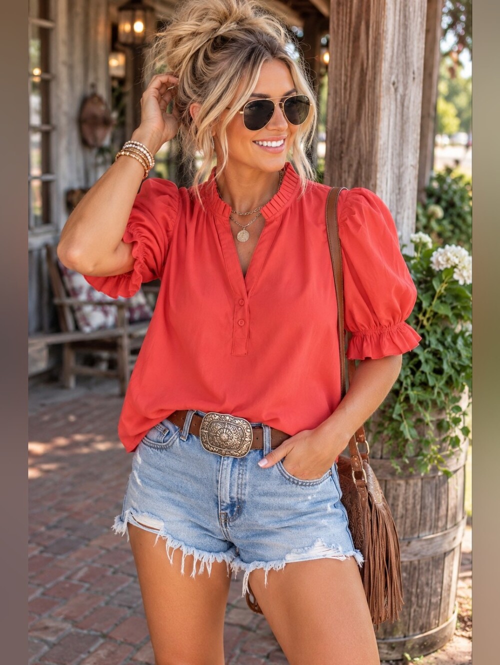 Maude Vivante Coral Puff Sleeve Ruffle Blouse Top Size M